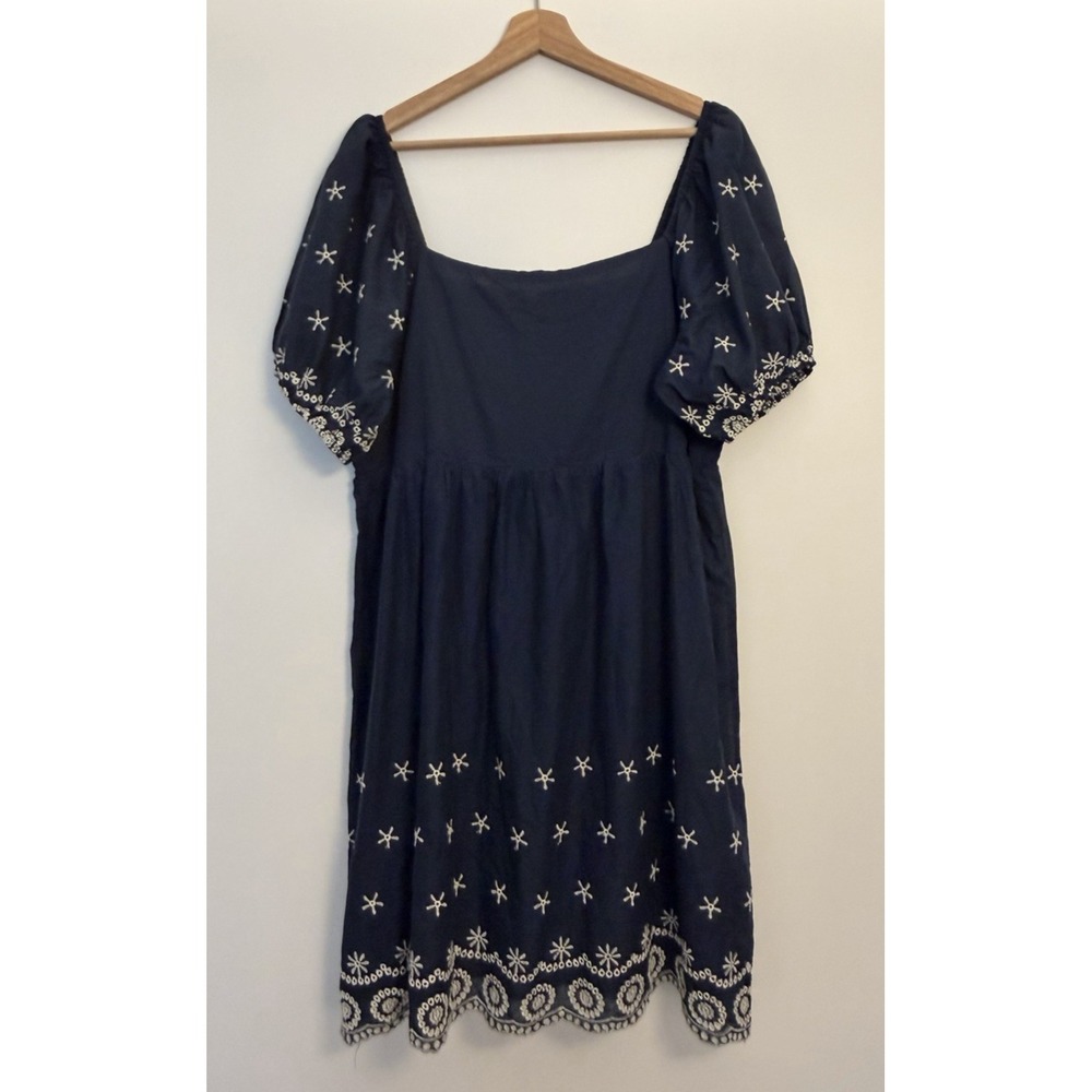 New Gilli Womens Blue Puff Sleeve Short Dress XXL Smocked Back Embroidered Lined